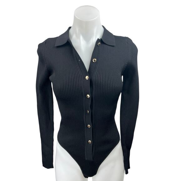 SER.O.YA Black Ribbed Button Up Collar Long Sleeve Polo Sweater Bodysuit Top XS - Picture 1 of 5